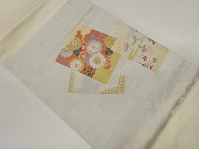 色紙に鶴・菊唐草模様織出し名古屋帯